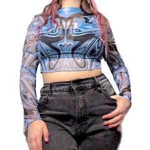 BLUE MESH WATERCOLOR MARBLE SEE THROUGH DESIGN SMOCKED NECK LONG SLEEVE